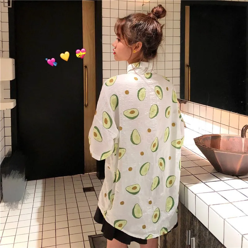 2019 Summer Short Sleeve Turn Down Collar Women Shirt Korean Fruit Print Shirts Women Blouses Couple Casual Loose Blouse Blusas - 33032688547