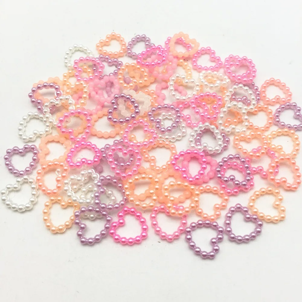 100pcs 10x11mm Pastel Mixed Hollow Heart Pearls Flatbacks Embellishments DIY Phone Nail Decorations Scrapbook Crafts Cardmaking