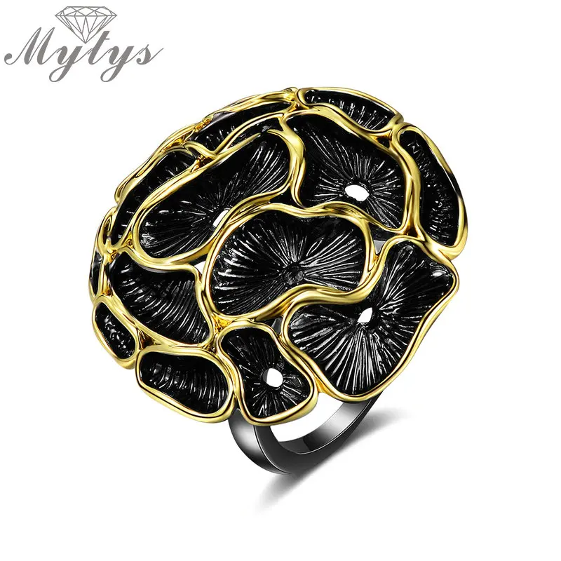 

Mytys Black Gun Yellow Gold Lace Vintage Flower Ring for Women Retro Big Statement Ring Antique Jewelry Drop shipping R2131