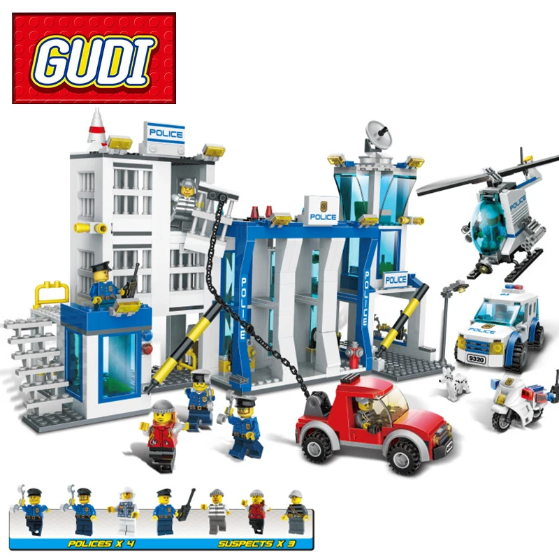 

GUDI 9320 870pcs Police Station Helicopter Motorcycle Building Block Kids DIY Bricks Toy for Children Christmas Gift