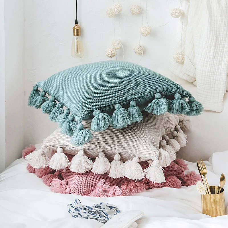 

Home Decorative Knitted Cushion Cover North Europe Sofa Pillow Cover Car Seat Cushion Cover With Lantern Ball Lace Fringe