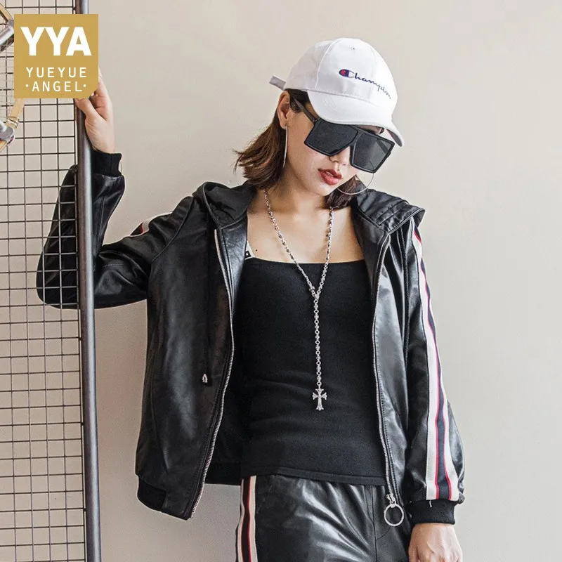 Spring New Sheepskin Leather Hooded Jacket Women Zipper Genuine Leather Color Mixed Short Fashion B