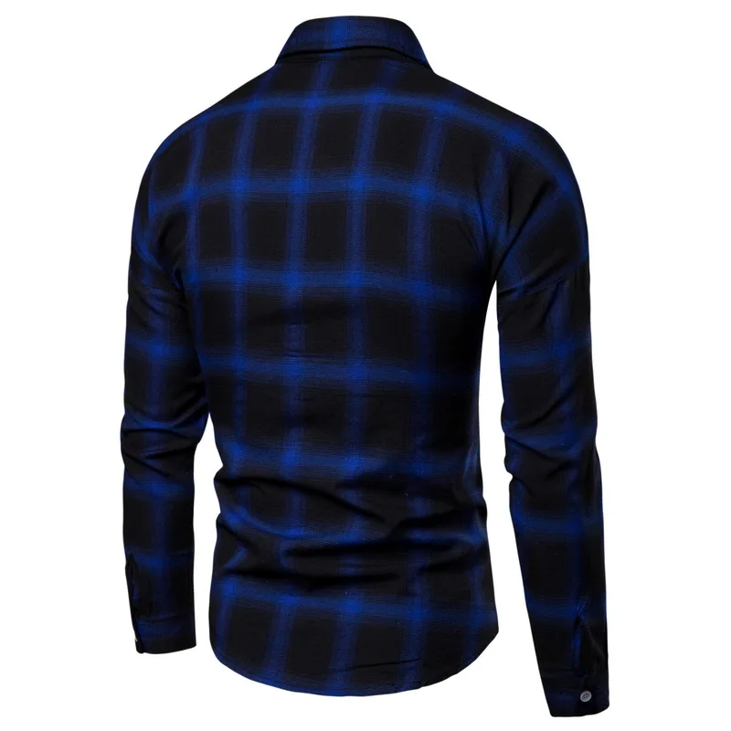 Drop Shipping Men Plaid Shirt Long Sleeve Flannel Shirts 2019 Fashion Casual Red Checkered Man Clothes Cotton Chemise Homme Blue