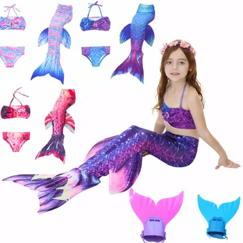 

4PCS Swimmable Children Diamonds Mermaid Tail With Flipper Monofin Kids Swimsuit Mermaid Tail Costume for Girls Swimming suit