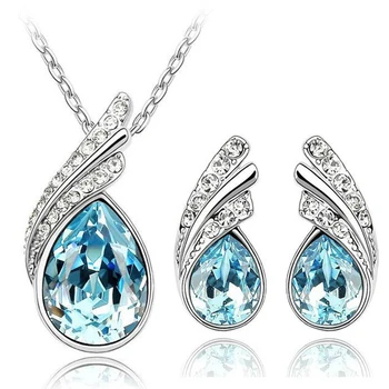 

Leaf water drop feather wings austrian Crystal Pendant Fashion Jewelry Sets women free drop shipping AAAA+ quality cute romantic