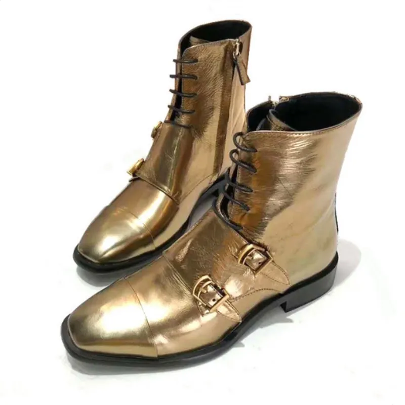 Fashion retro punk style ankle boots ladies square toe double buckle lace black gold and silver leather new Martin boots ladies Fashion retro punk style ankle boots ladies square toe double buckle lace black gold and silver leather new Martin boots ladies