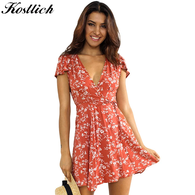 Kostlich Women Summer Dress Sexy Deep V Neck Cap Short Sleeve Wrap