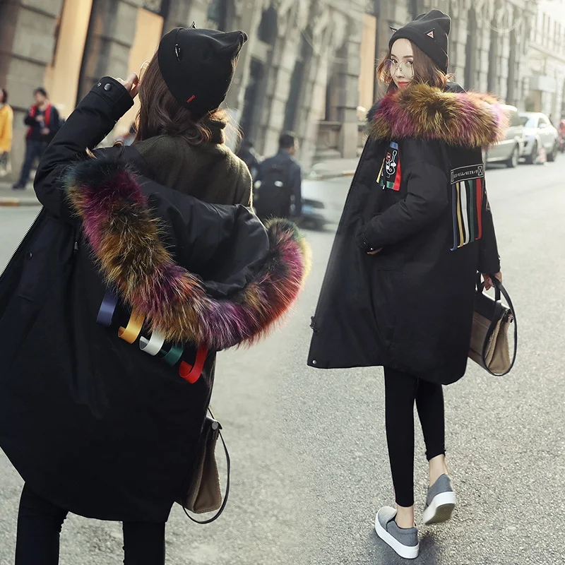 

Korean 2018 women's jackets parka with colored real fur hood collar female long puffer coat canada fashion goode down black xxl