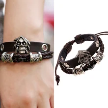 Новинка, Винтажный Браслет-манжета из искусственной кожи с черепом, прочные браслеты в готическом стиле ручной работы, плетеные мужские браслеты, подарок