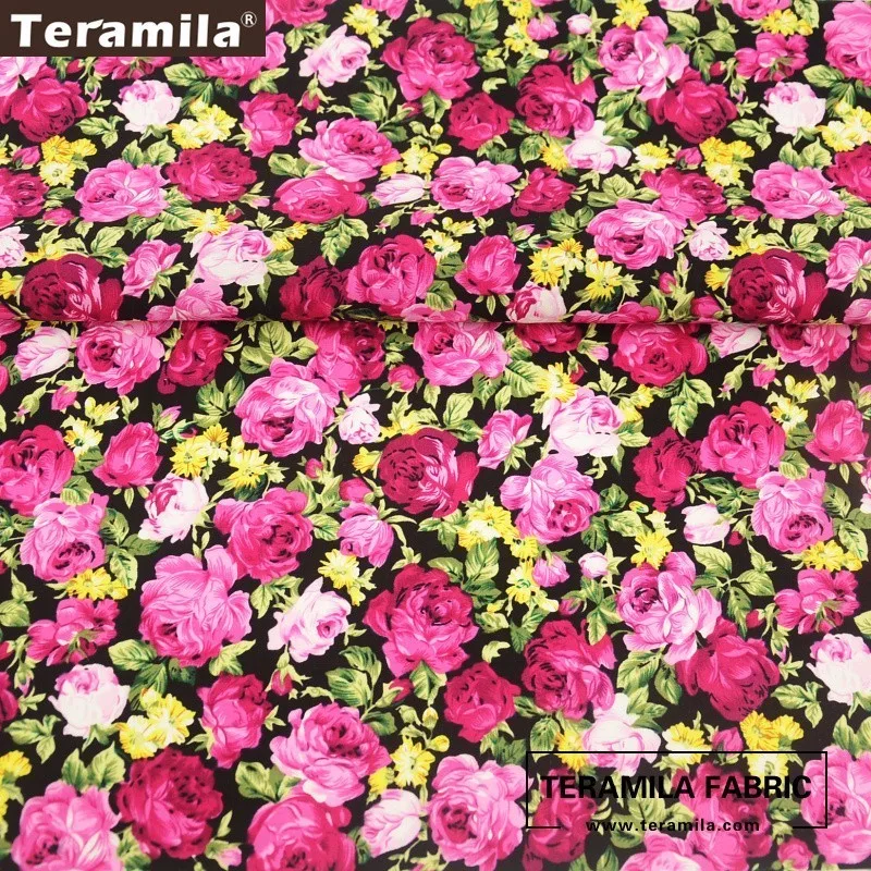 Teramila Cotton Poplin Fabric Fat Quarter Meter Quilting Printed Pink Blooming Rose Design Dress Shirt Decoration Cloth Sewing|cotton poplin