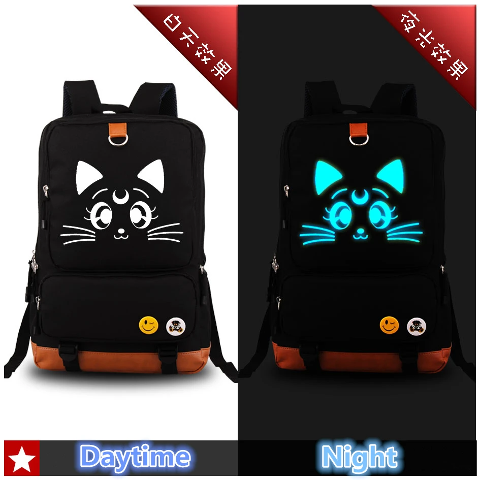 

New High Quality Sailor Moon Kawaii Luna Emoji Luminous Printing Backpack Canvas Travel Bags School Bags for Teenagers Rucksack