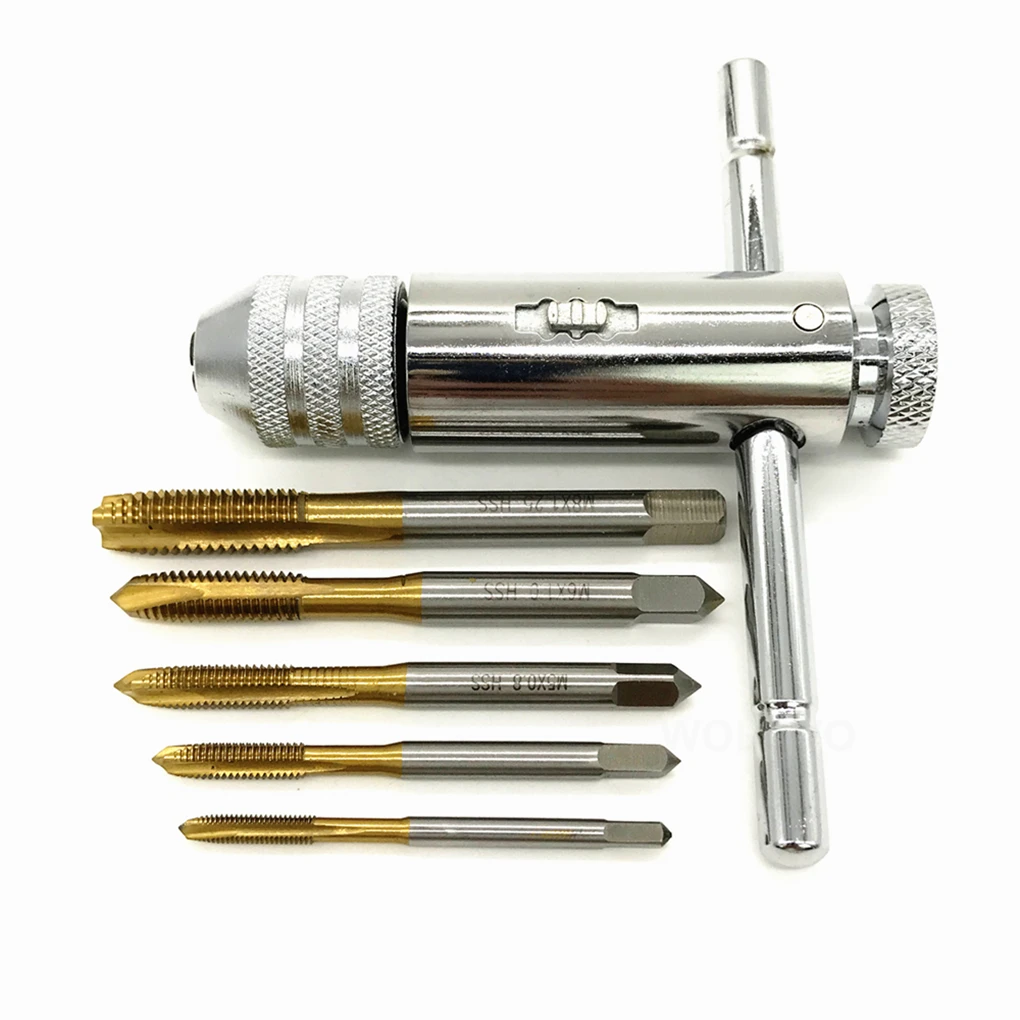 

M3-M8 Titanium Straight Groove Tap Hand Screw Tap with T-Handle Ratchet Tap Wrench Quality Bearing Steel Straight Flute Taps