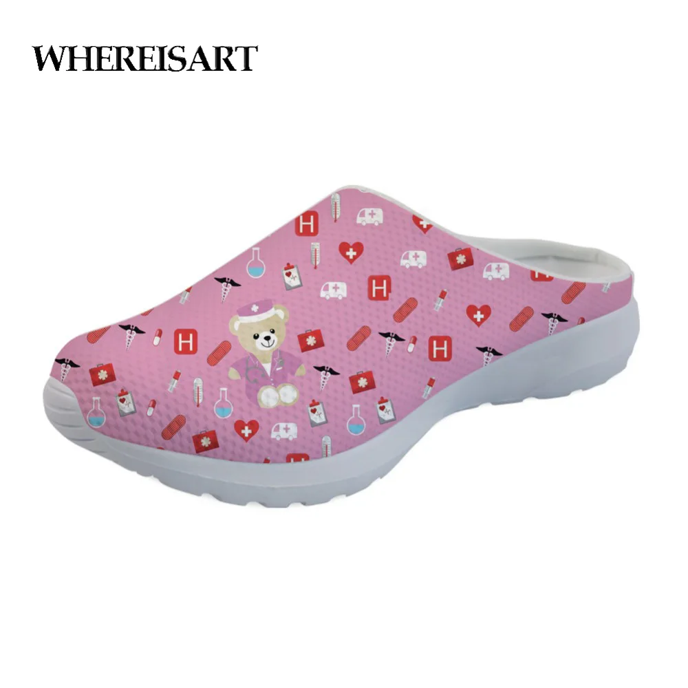 

WHEREISART Home Slippers Women Pink Cartoon Cute Nurse Bear Pattern Women's Sandals Shoes Woman Breathable Mesh Water Slippers