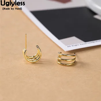 

Uglyless 100% Real 925 Sterling Silver Curved Stud Earrings for Women Heavy Metal Feeling Wild Studs Hollow Gold Wild Brincos