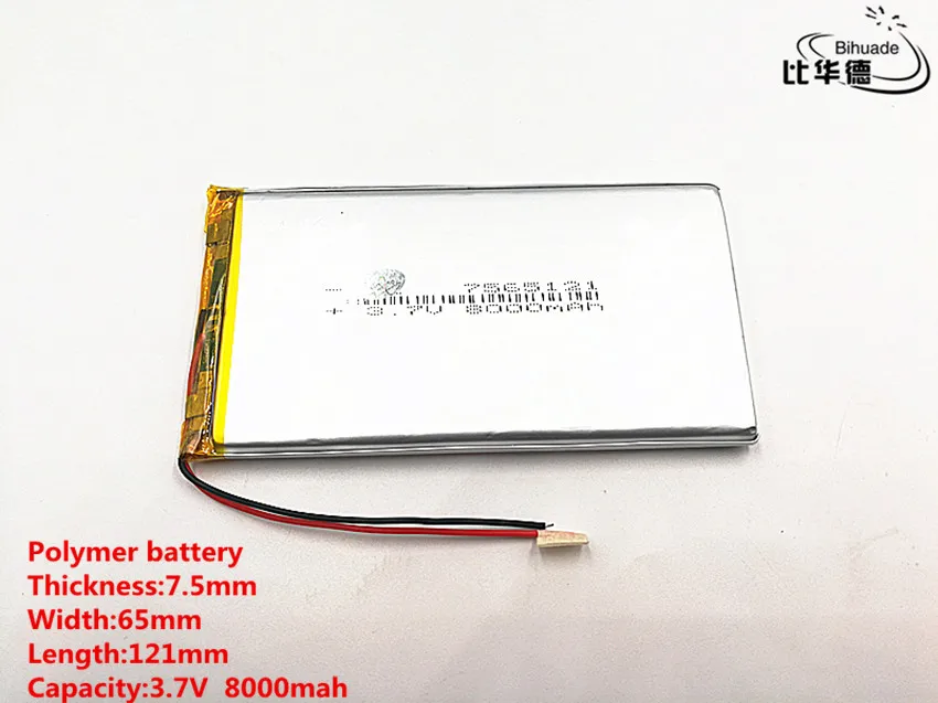 

2pcs/lot Good Qulity 3.7V,8000mAH,7565121 Polymer lithium ion / Li-ion battery for TOY,POWER BANK,GPS,mp3,mp4
