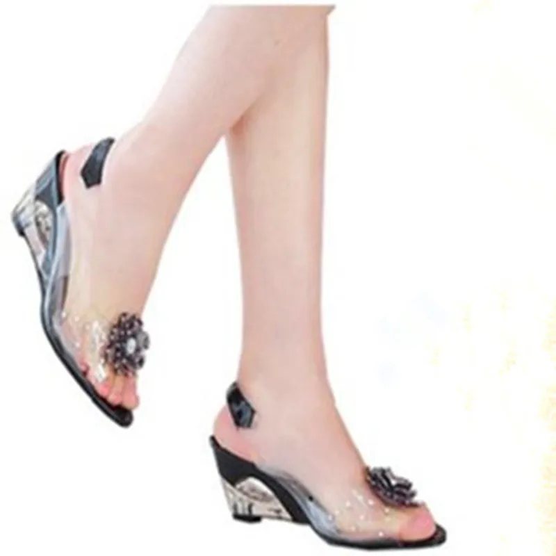 

Transparent Crystal Slope Sandals Flower Rhinestone Mouth Women's Shoes