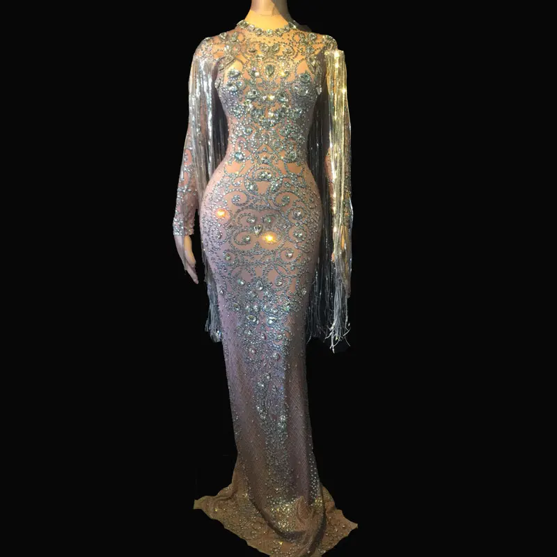 Женское Прозрачное платье с длинными рукавами длинное кристаллами вечернее со