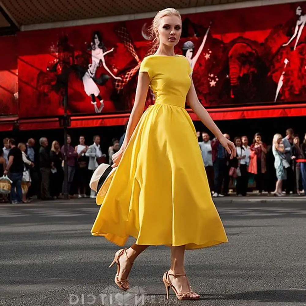Европейский Американский дизайнер сплошной цвет карамельный цвет Желтый бальное платье короткий рукав тонкая талия Подиум летнее платье