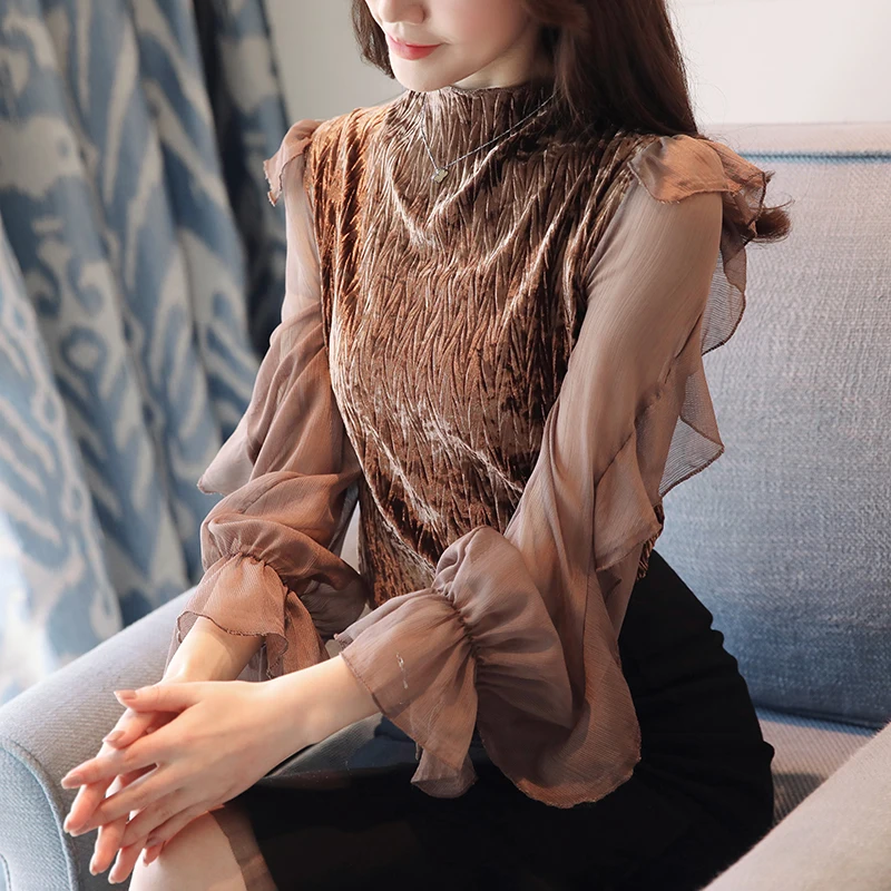 

2018 Spring New Lantern Sleeve Female Loose Long Sleeve Women Shirts Gold velvet Net yarn Patchwork Blouse Transparent Trendy