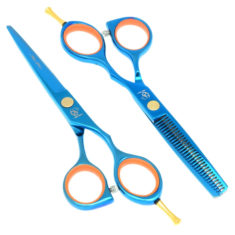 

5.5Inch Pretty Blue Cutting Scissors Thinning Scissors for Hairdressers JP440C Barbers Hair Shears Set with Leather Pouch HA0019