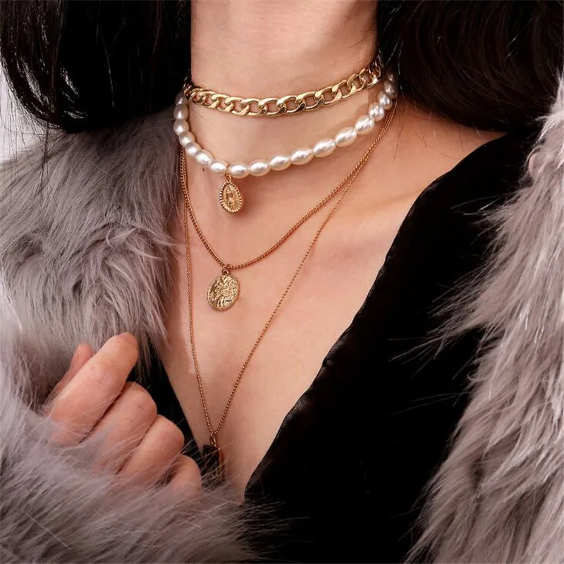 

DIEZI Vintage Multilayer Pearl Choker Necklace For Women 2019 New Gold Color Coin Chain Statement Necklace For Girls Jewelry