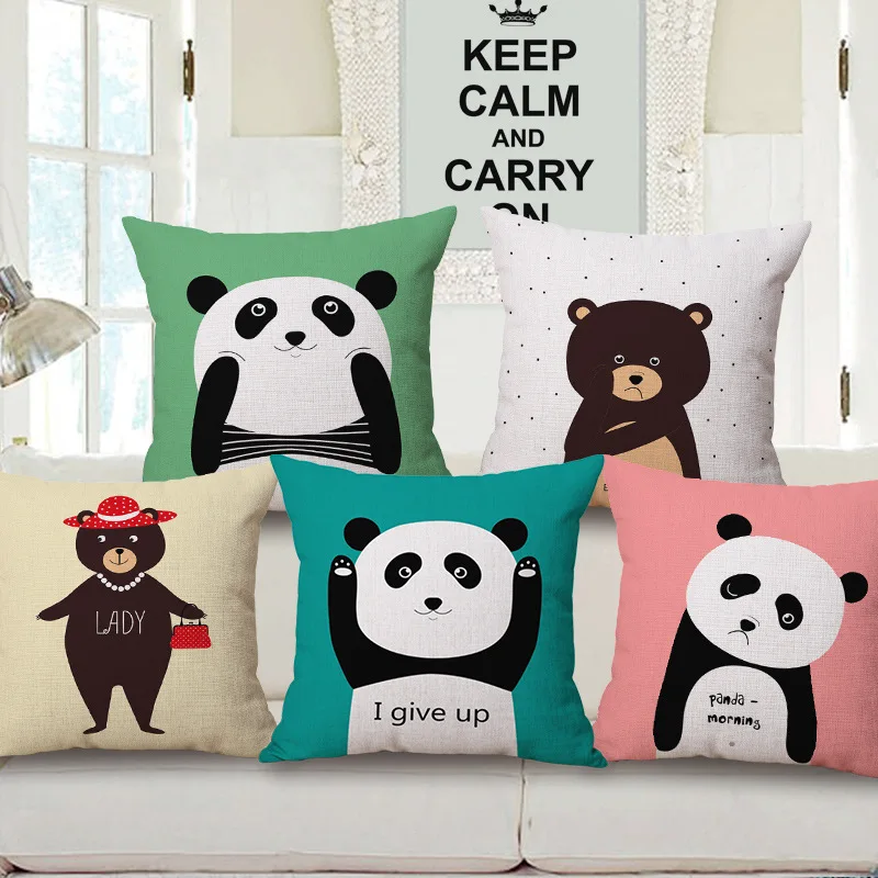 Fashion Cute Panda Style Cotton Linen Square Sofa Throw Cushion Cover