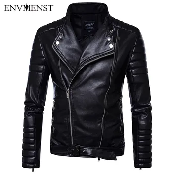 

Envmenst 2017 New Fashion Autumn Leisure Stand Collar Motorcycle Jackets PU Male Striped Shoulder Sleeves Faux Leather Jacket