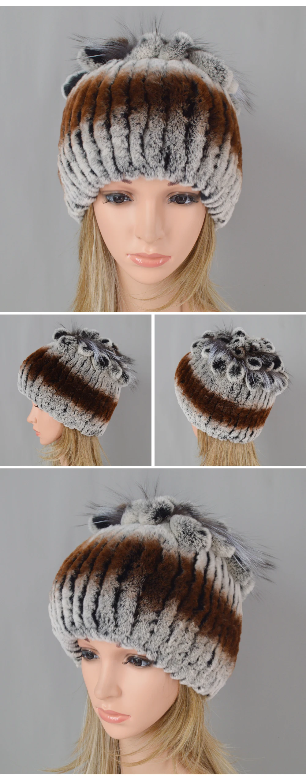 Women Natural Real Rex Rabbit Fur Beanies Hats Winter Warm Knitted Rex Rabbit Fur Caps New Female With Fox Fur Skullies Hat