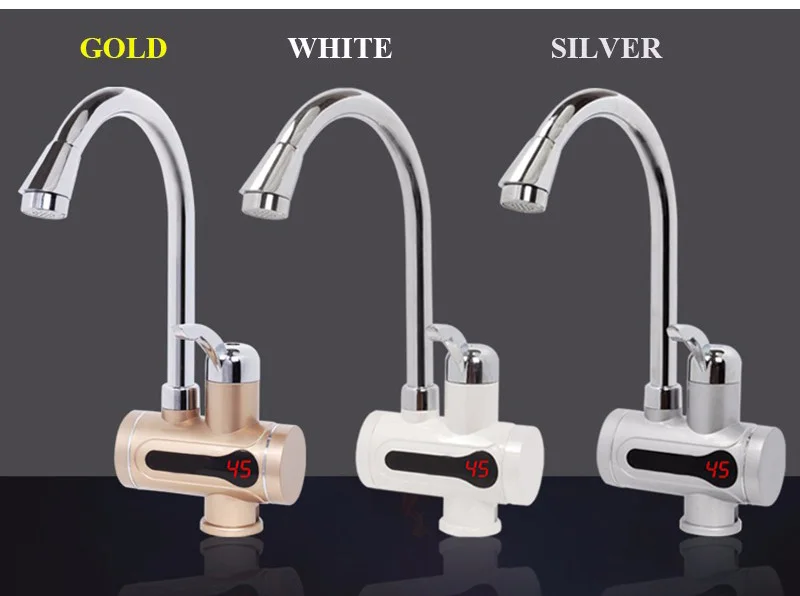EU Plug Gold Faucet Water Heater Kran Instant Tankless Hotwater Boiler Kraan Kitchen Heating Crane With LED Light Kocher Bib Tap