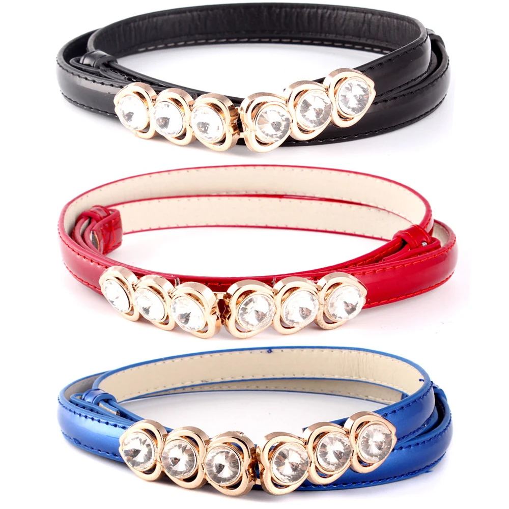 Women Shining Rhinestones Buckle Skinny Belt Adjustable PU Leather