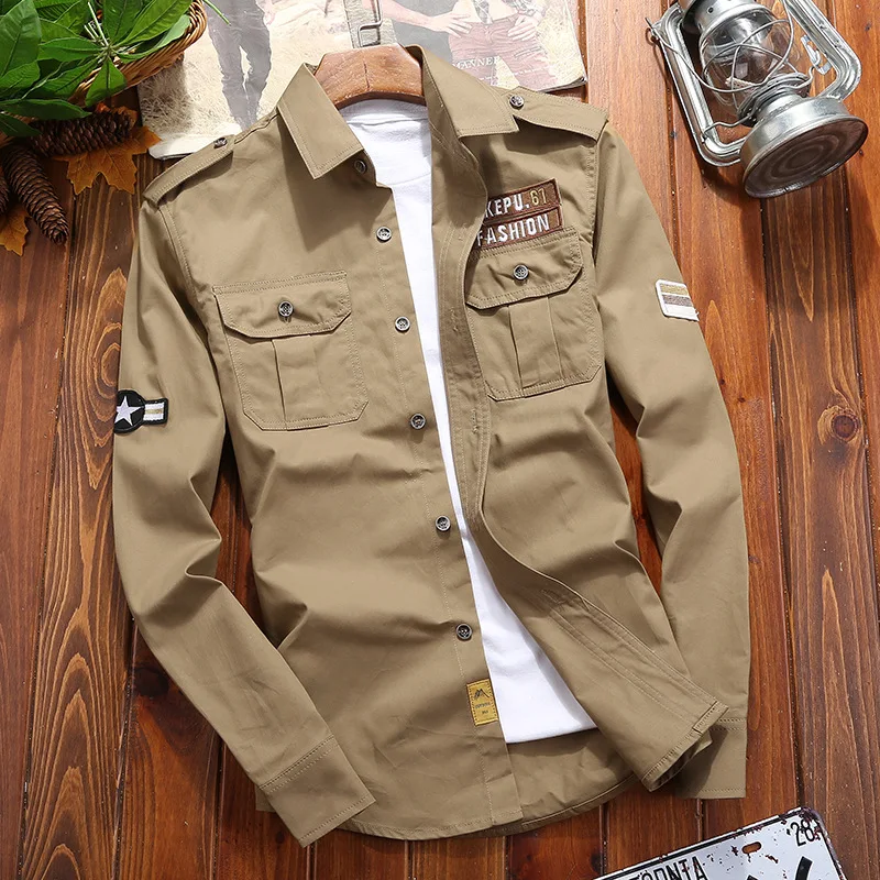 Koop Wbddt Mannen Shirts Katoen Militaire Shirt Kaki Toevallige Slim Fit Met Pocket Lange Mouwen Vintage Jas Streetwear Drop Verzending