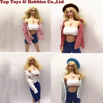 

1/6 Scale Women 1/6 Scale Female Casual Striped/plaid White shirt Jacket girl Clothes Fit 12'' TBLeague seamless body Figure