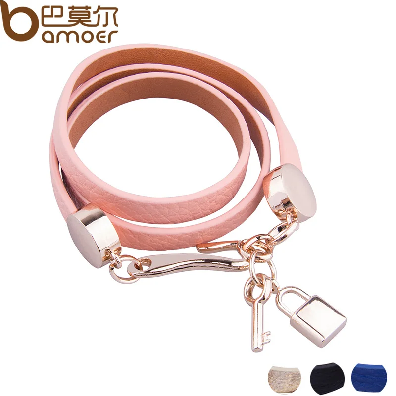 

BAMOER Luxury Gold Color Genuine Pink Leather Bracelet Three Circle Jewelry for Women PI0327