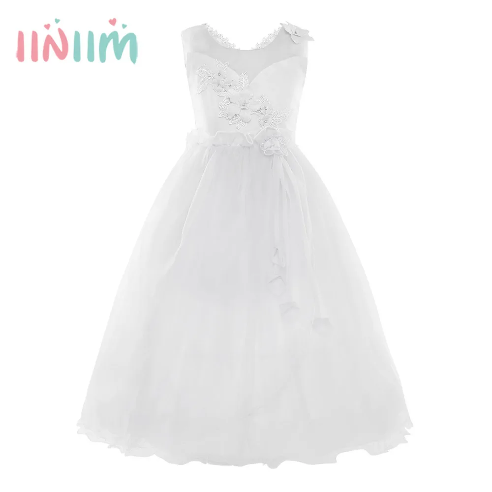 

iiniim White Girls Princess Tutu Dress Organza Mesh Splice Sleeveless 3D Flower Girls Dress Wedding Bridesmaid Party Prom Dress