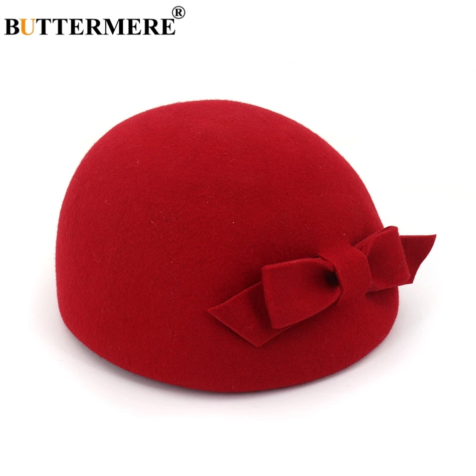 BUTTERMERE, красный берет для женщин, шерсть, элегантная шляпа-федора, для девушек, бант, британский стиль, одноцветная, для свадьбы, Осень-зима, Классическая Кепка художника для женщин - Цвет: red beret