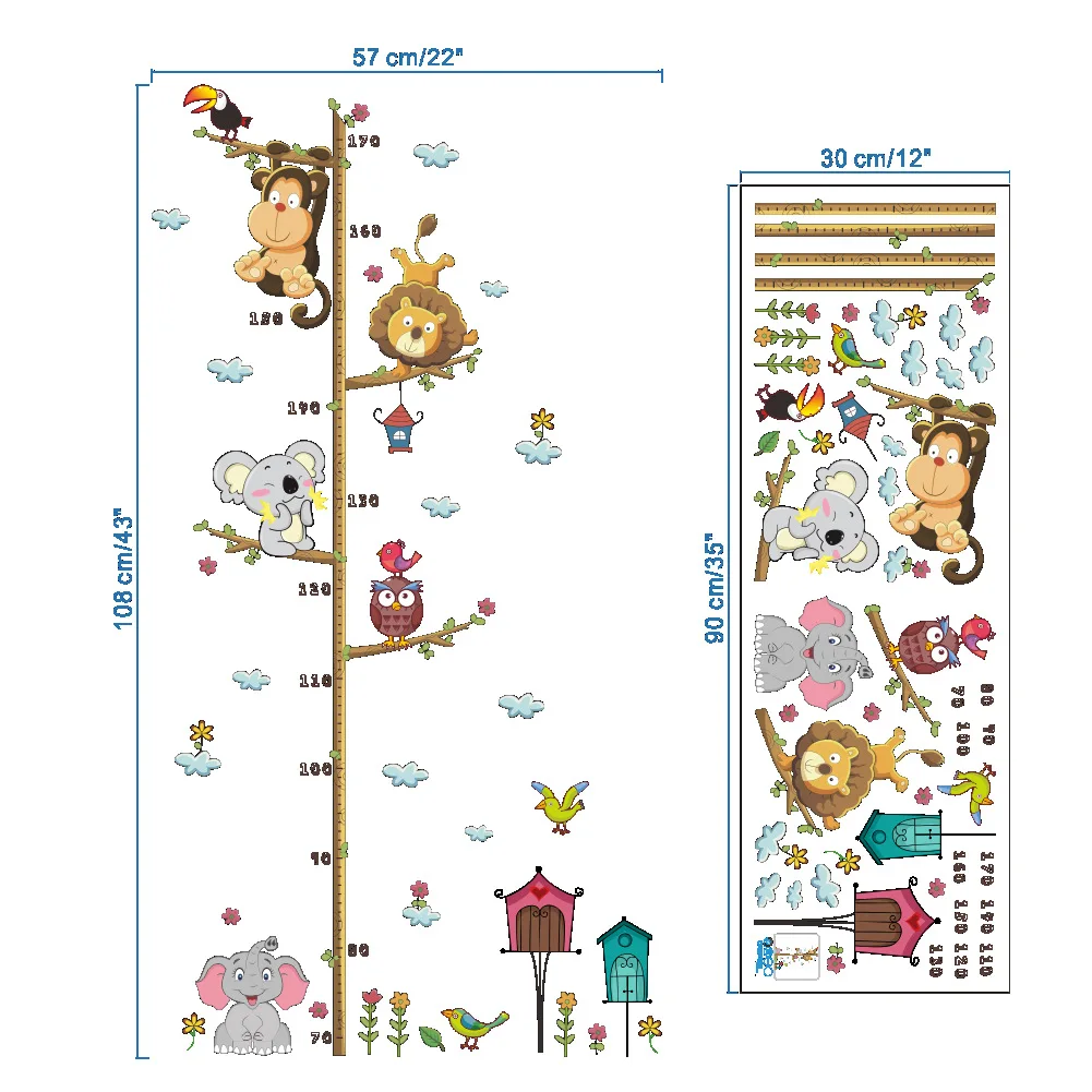 Cartoon Animals Lion Monkey Owl Elephant Height Measure Wall Sticker For Kids Rooms Growth Chart Nursery Room Decor Wall Art