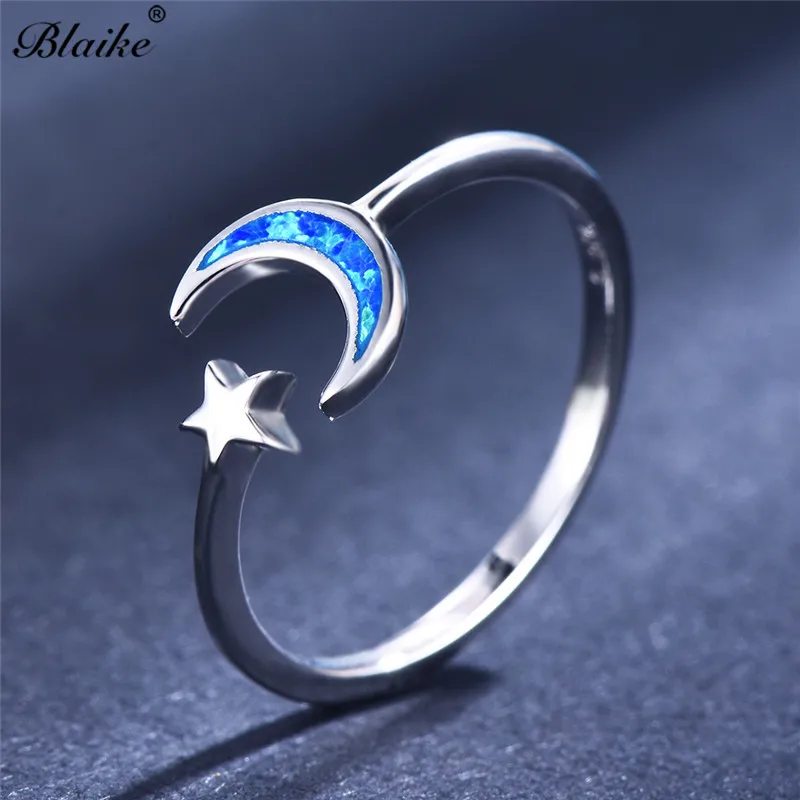 

Blaike Dainty 925 Sterling Silver Filled Star Moon Open Rings For Women Fashion Blue/White Fire Opal Ring Wedding Party Jewelry