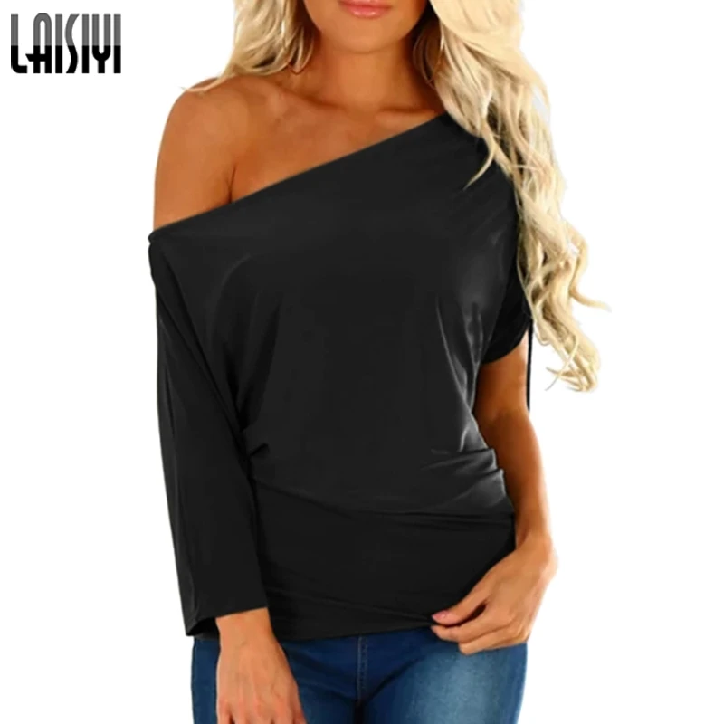 

LAISIYI Women Casual Summer Cotton Tee Top One Shoulder Asymetrical Shirts Lady Loose Short Sleeve t Shirt Mujer ASTS20980