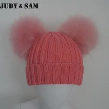 New Winter Warm Children Pompon Beanies Hats for Girls and Boys 18 Colors Blend Wool of Kids Caps with Real Fur Pom Pom