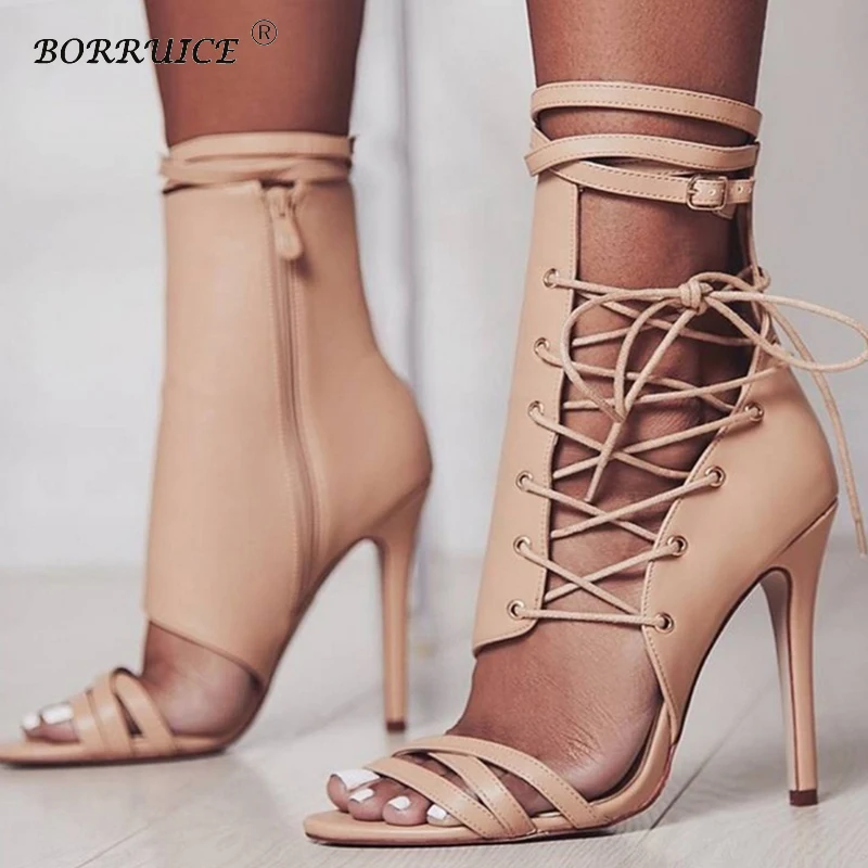 

2018 Woman Shoes Large Size High-heeled Straps Belt Buckle Boots Roman Sandals Fashion Sexy Women's Sandals Cross Straps Ankle