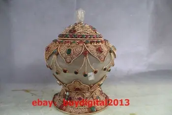 

China Crystal Filigree Gilt Gem Pot Jar Crock Flower Vase Bottle Statue