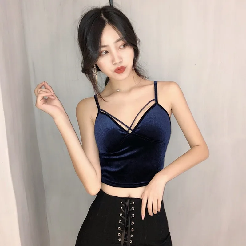 new Women's Clothing vintage chic crop tops sexy pleuche tank top women cross v-neck Tees Tanks spaghetti strap Camis halter top
