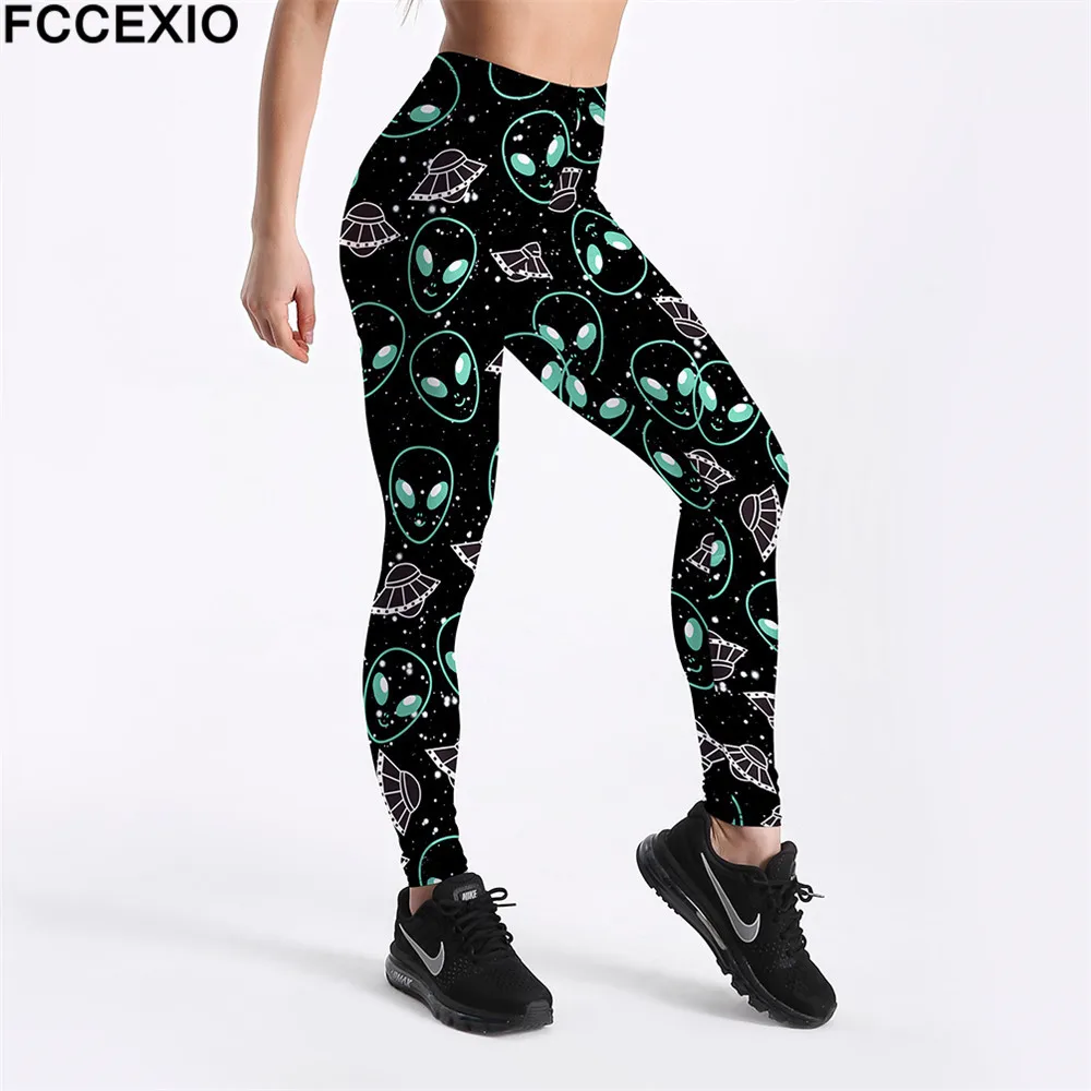 

FCCEXIO New Workout Leggings High Waist Fitness Legging Ghost UFO Skull 3D Printed Leggins Female Leg Pants Large Size Leggings