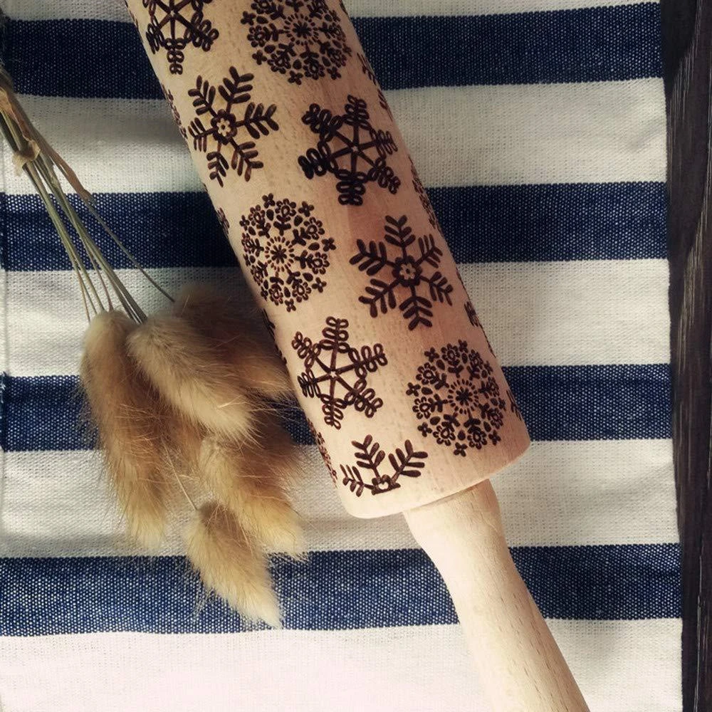 Christmas Embossing Rolling Pin Wood Carved Kitchen Tool Baking Cookies Noodle Cake Engraved Roller Reindeer Snowflake 35cm | Бытовая