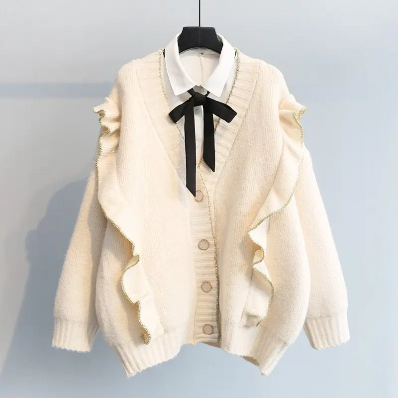 

Womens Frilly Loose Fit Cardigan Knitted Thicken Outwear Casual Warm V Neck Sweatercoat Girls Sweaters P06