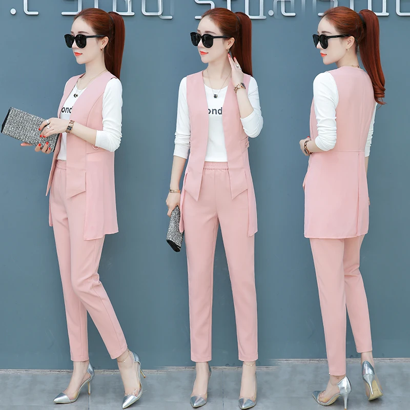 

3 piece set fashion women's 2019 spring new female temperament vest nine pants spring women's set of slim body slim wild