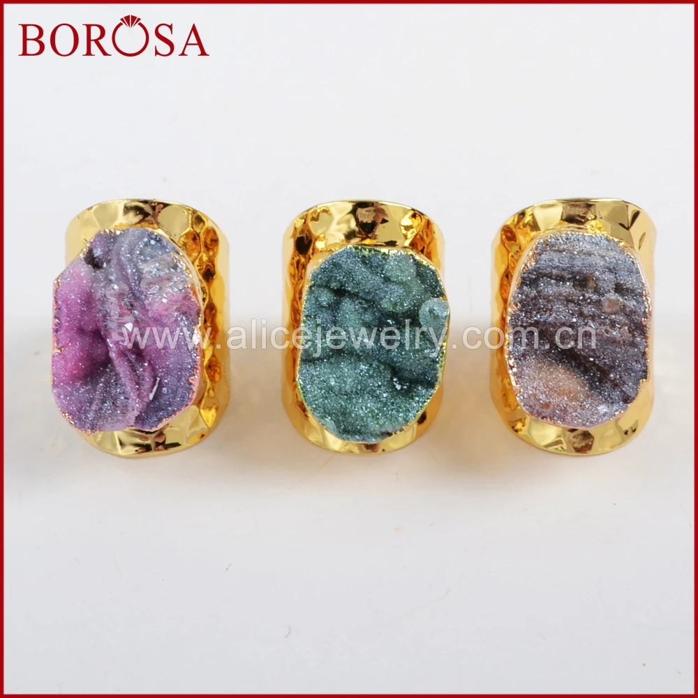 

BOROSA Druzy Gold Color Galaxy Quartz Titanium Rainbow Chalcedony Band Ring for Women, Drusy Stone Ring Gems Jewelry G1339