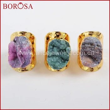 

BOROSA Druzy Gold Color Galaxy Quartz Titanium Rainbow Chalcedony Band Ring for Women, Drusy Stone Ring Gems Jewelry G1339