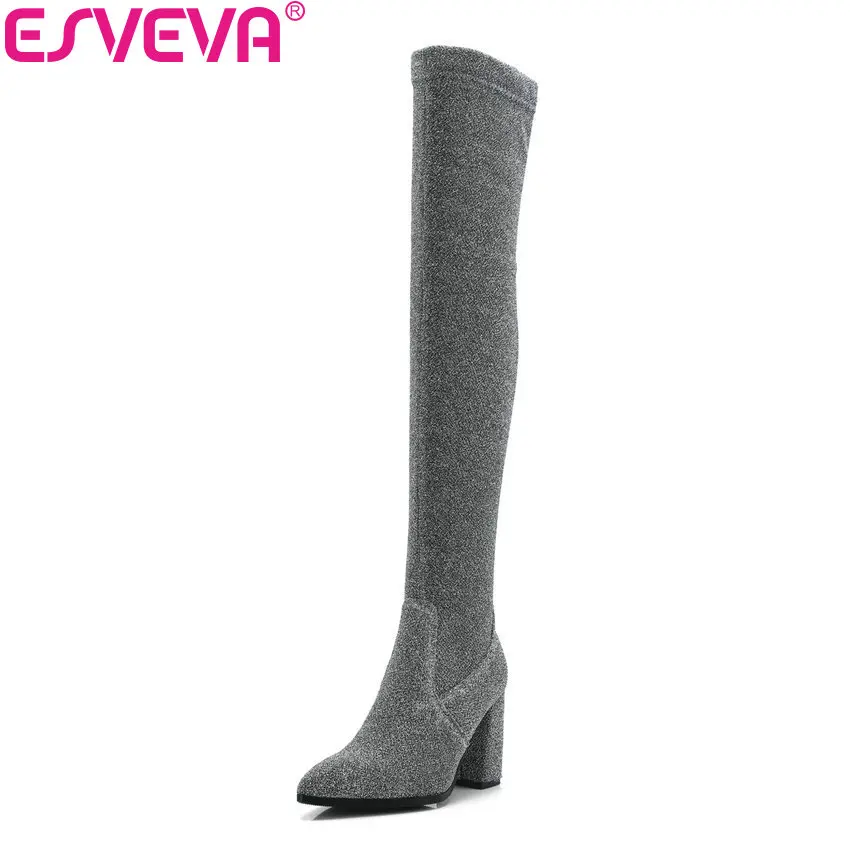 

ESVEVA 2019 Women Shoes Slip on Slim Look Bling Over The Knee Boots Elegant Boots Woman Pointed Toe Hoof High Heels Size 34-42