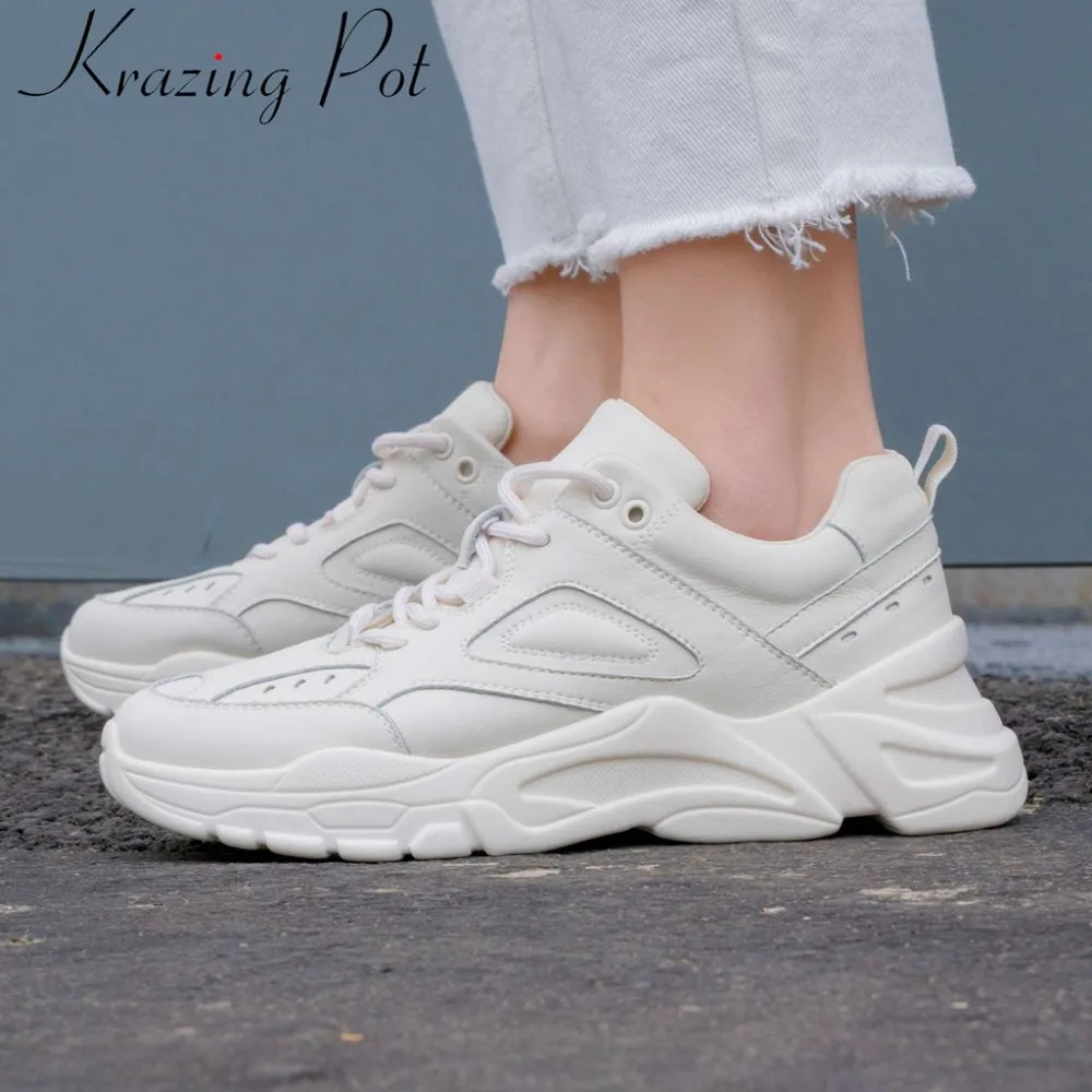Skup 2019 high fashion biały sneaker prawdziwej skóry zasznurować obuwie med dolna platforma zwięzłe oddychające buty wulkanizowane L23